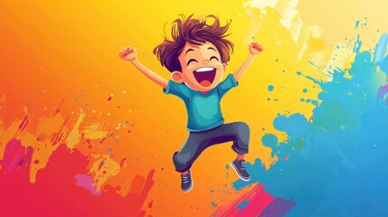 Joyful Child Jumping with Excitement Against Colorful Background