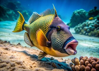 Fototapeta premium Phuket Underwater Wildlife: Titan Triggerfish Digging Coral Close-Up with Bokeh