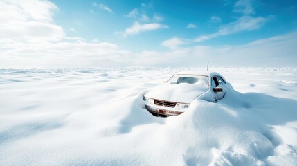 This beautiful winter scene features a car mostly covered by deep snow, emphasizing the tranquility and stillness of the landscape during the cold season.