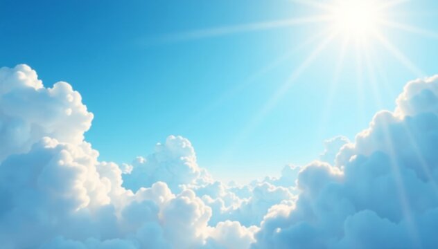 Soft blue gradient sky with fluffy white clouds and gentle sunbeams, sky, soft, calm