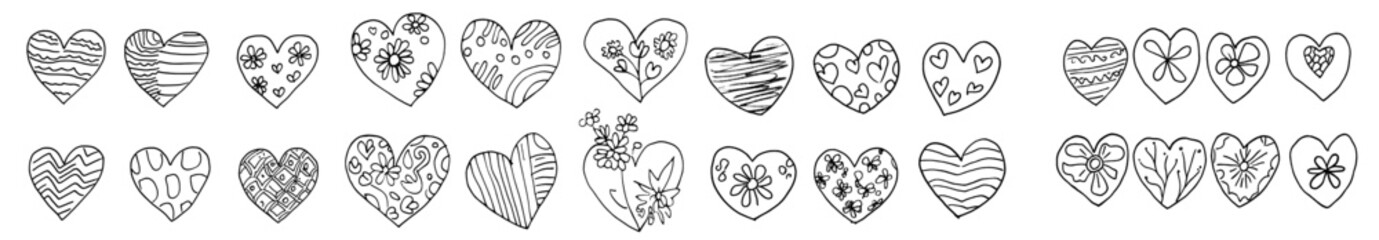 Obraz premium A modern set of hearts featuring a floral pattern. Ideal for use on invitation or celebration cards, or as part of a coloring book