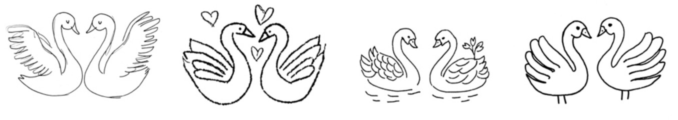 Fototapeta premium A stylized pair of swans swimming in a pond or lake, designed for a freehand sketch in an adult anti-stress coloring book, featuring doodle and zentangle elements