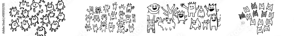 Poster Funny monsters in a circular pattern for coloring book
