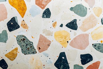 abstract terrazzo pattern, colored stone splashes on a beige background