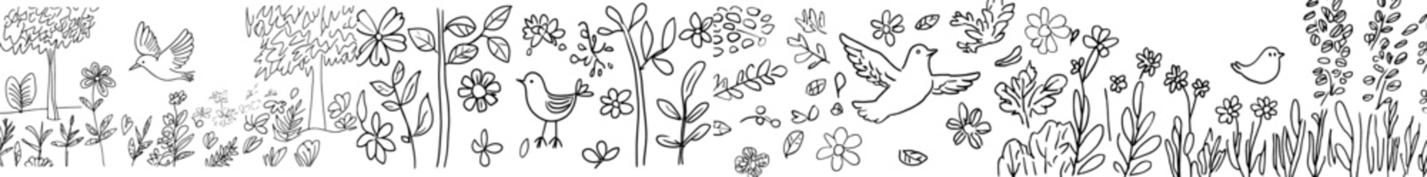 Tropical bird zentangle in a jungle adorned with flowers, designed for an adult coloring book page; hand-drawn illustration