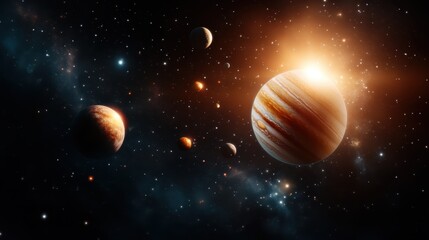 An ethereal image portrays a cosmic view, featuring massive planets illuminated by the radiant light of a central sun, evoking a sense of wonder and exploration.