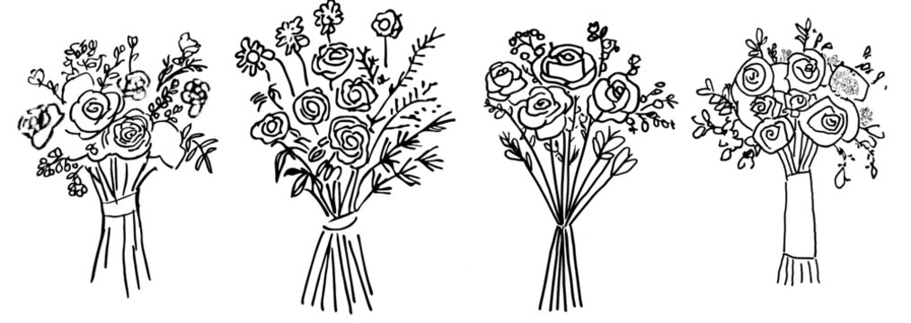 Hand drawn bouquet of roses for an anti-stress adult coloring book in zen-tangle style, modern illustration on a coloring page, isolated on white background