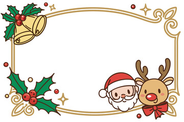 Christmas frame, golden ornate border, jingle bells, holly leaves, Santa Claus cartoon, reindeer cartoon, party horns, confetti, red bow, festive decorations, white background, cheerful holiday charac