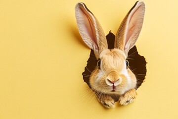 Obraz premium bunny peeking from the hole on yellow background