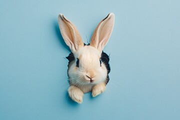 Obraz premium bunny peeking from the hole on pastel blue background