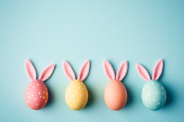 coloured easter eggs with bunny ears on a blue pastel background