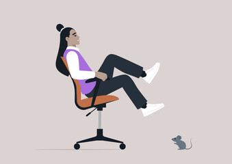 An office worker displays obvious fear and surprise as a small mouse appears on the floor, creating a comedic yet chaotic atmosphere in the workplace