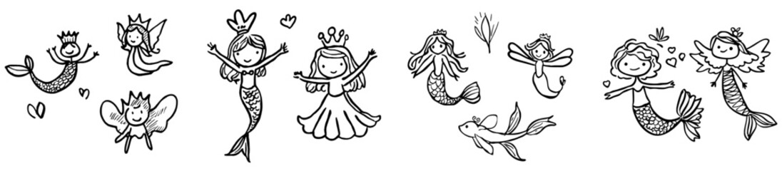 Fototapeta premium Set of two anime-style characters featuring a mermaid and a fairy, presented as a hand-drawn modern illustration on a white background, suitable for coloring books, tattoos, cards, t-shirts, and