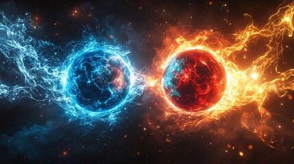 Dynamic Fiery Red and Cool Blue Spheres with Flaming Energies Colliding in a Dramatic Abstract Cosmic Display, Symbolizing Contrast, Power, and the Balance of Opposites