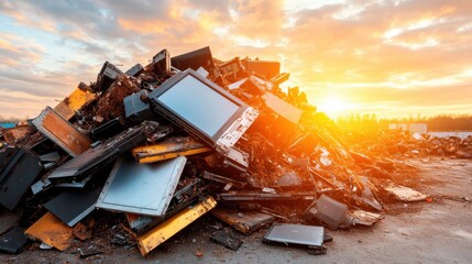 A stunning sunset illuminating a massive pile of electronic waste, emphasizing the environmental crisis caused by discarded technology and its impact on future generations.