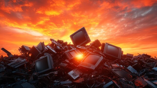 An artistic representation of electronic waste piled high against a dramatic sunset, highlighting the environmental issues stemming from our digital consumption and waste generation.