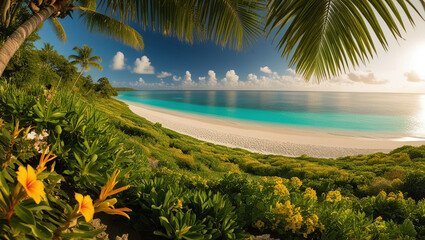 Tropical island with palm trees. Tropical Paradise with Yellow Flowers and Turquoise Ocean.