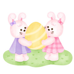 Cute Bunnies Holding Easter Egg Together