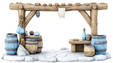 Wooden Stall with Barrels  Bottles   Sign   Fantasy Game Asset