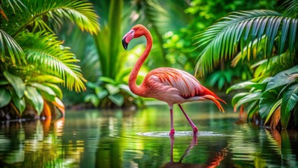 Fototapeta premium Pink Flamingo in Lush Tropical Setting - Exotic Bird Stock Photo