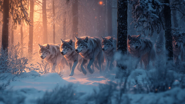 pack of wolves moving through snowy forest at dusk, surrounded by frost and trees. scene captures beauty and mystery of nature, evoking sense of adventure and wildness
