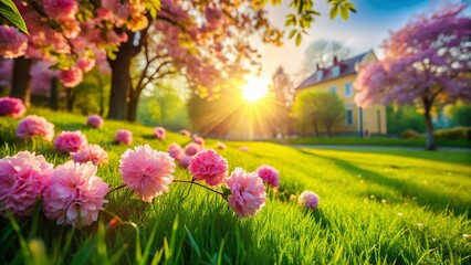 Obraz premium Pink Flowers Blooming in Lush Green Lawn - Beautiful Spring Garden Scene