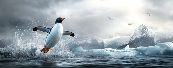 Fototapeta premium penguin leaps into ocean, creating splash against backdrop of icy mountains and cloudy skies. scene captures beauty of nature and playful spirit of wildlife
