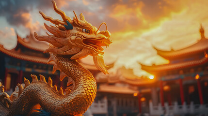 Obraz premium Majestic Golden Dragon at Sunset in Traditional Setting