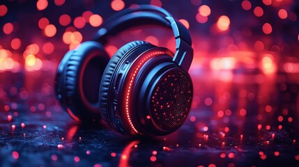 Red LED Headphones Abstract Background