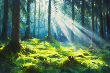 Fototapeta premium Sunlight Streaming Through Enchanted Forest