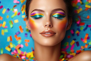 Vibrant beauty portrait with colorful makeup and confetti