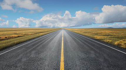 Fototapeta premium Endless Highway Under Blue Sky with Cloud Formation - Road Trip and Travel Inspiration