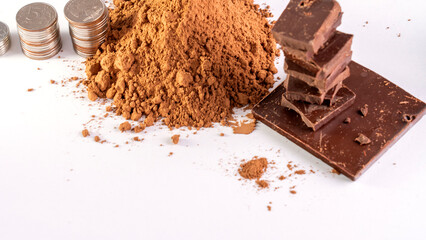 A pile of chocolate and coins on a white background. The coins are arranged in a pyramid shape