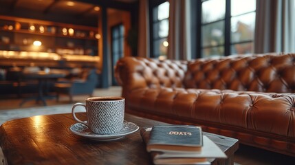 Coffee cup on wooden table near leather sofa in a cafe.