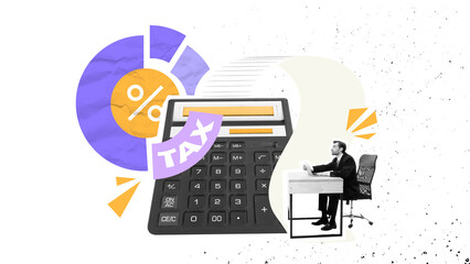 Modern graphic art design. Calculator and tax pie chart with professional at desk symbolize tax...
