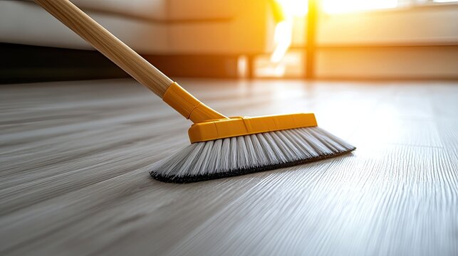 Cleaning the floor with a broom in a sunlit room - Powered by Adobe