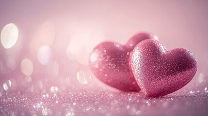Obraz premium Shimmering Pink Hearts on Soft Background with Sparkling Bokeh