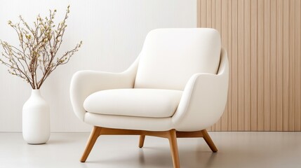 An elegant white lounge chair set against a calming backdrop creates a serene atmosphere, ideal for relaxation, contemplation, or enhancing modern decor in any setting.