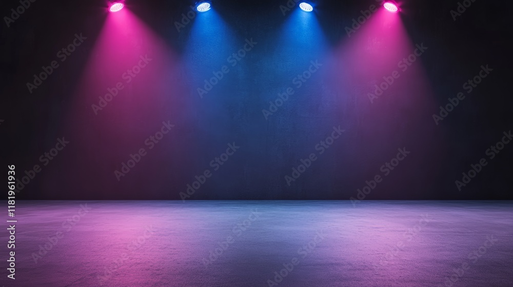Poster pink and blue spotlights illuminate a textured wall and concrete floor in a dark room, creating a dr