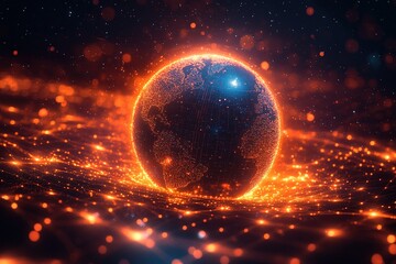 A glowing, digital representation of Earth surrounded by vibrant particles, symbolizing connectivity and technology.