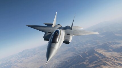 Fighter jet flying over mountains, aerial view, clear sky.