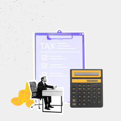Modern graphic art design. Businessman at desk with tax checklist and calculator emphasizes proper...