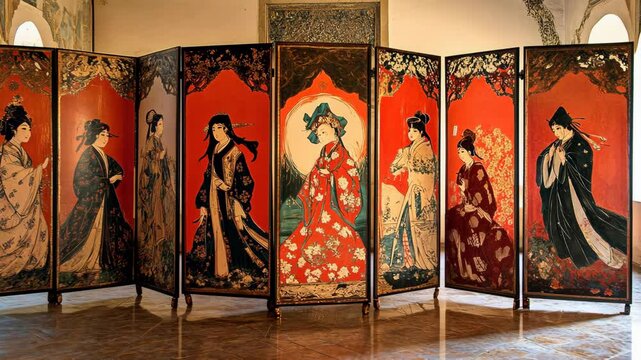 Traditional Japanese folding screen featuring beautiful women in historical attire and vivid colors