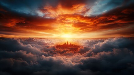 Fototapeta premium This stunning image captures a majestic sunset over a dreamlike landscape of clouds, depicting a serene atmosphere filled with golden hues and mystical surroundings.