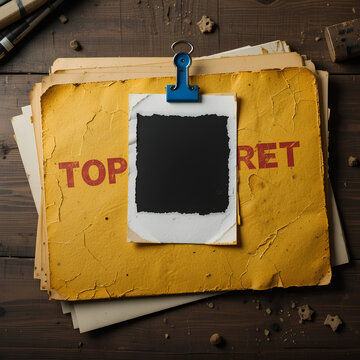 Vintage top secret file on rustic wooden desk with red stamp, black photo, and retro confidential aesthetic