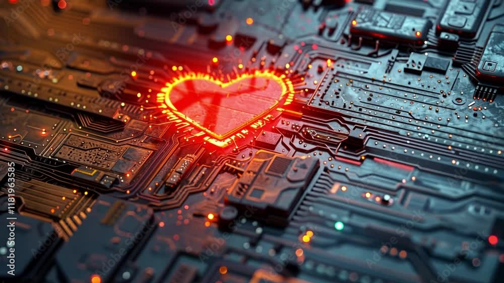 Poster A vivid heart symbol is illuminated against a backdrop of intricate electronic circuits.