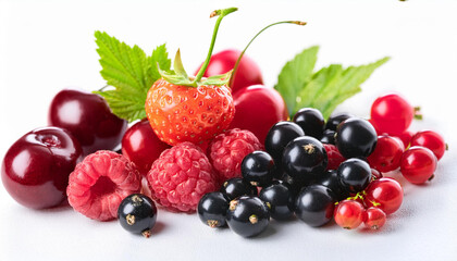 various fresh summer berries cherry raspberry black currant isolated