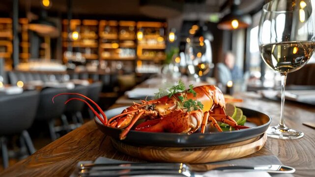 big lobster in dark plate in the modern restaurant