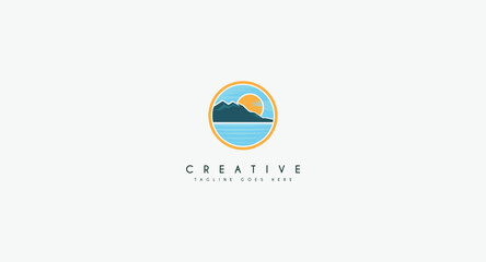 nature landscape logo design with lake,sea and meadow vector illustration