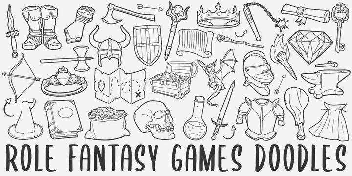Role Doodle Icons. Hand Made Line Art. Fantasy Clipart Logotype Symbol Design.